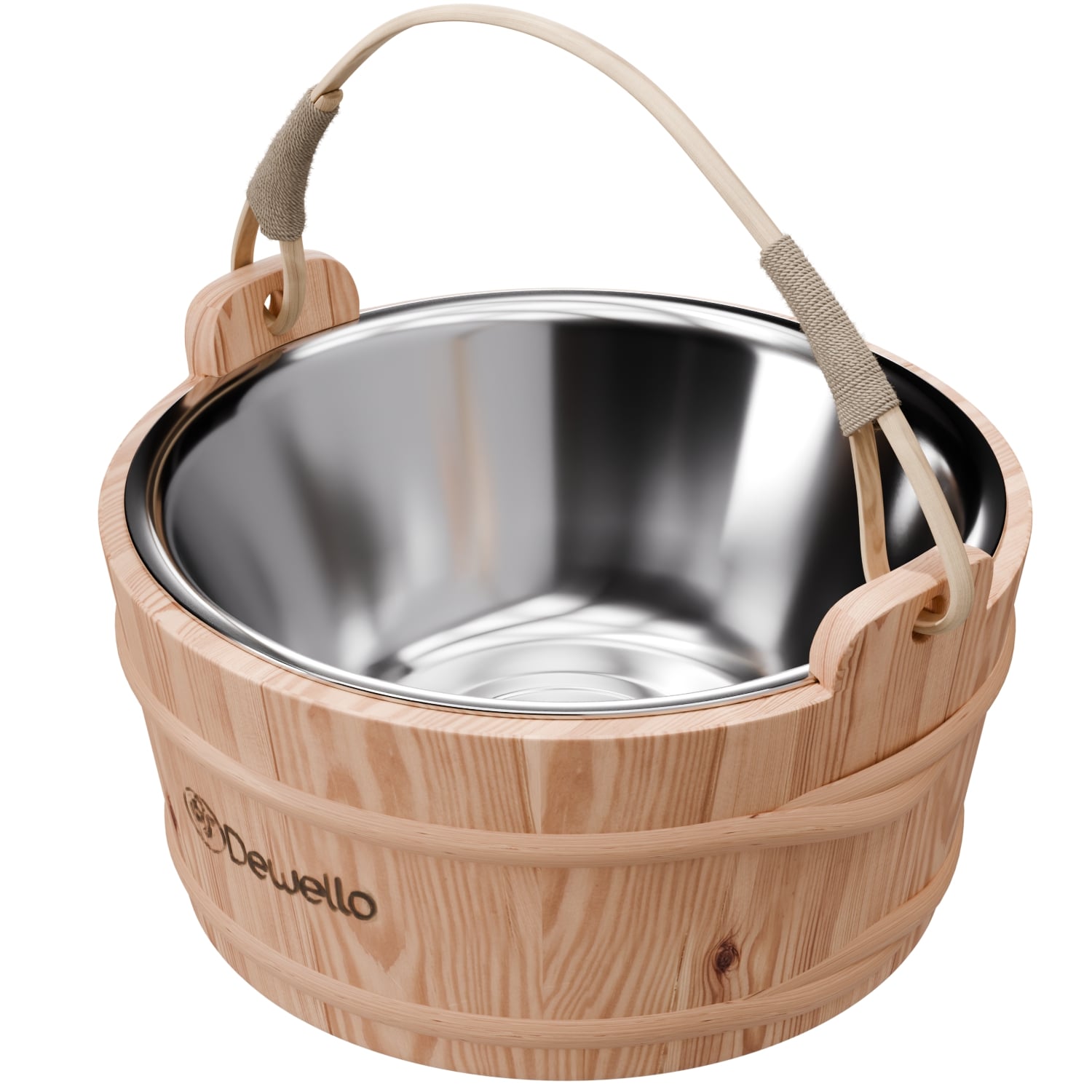 Dewello Sauna-Eimer mit Edelstahl-Einsatz – 3 Liter, Hemlock-Holz, Bambusstreben