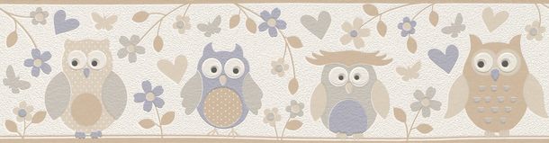 Kid's Border Owls Flowers white beige grey Rasch 459210