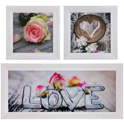 Set of 3 pictures framed art print white rose greyblue
