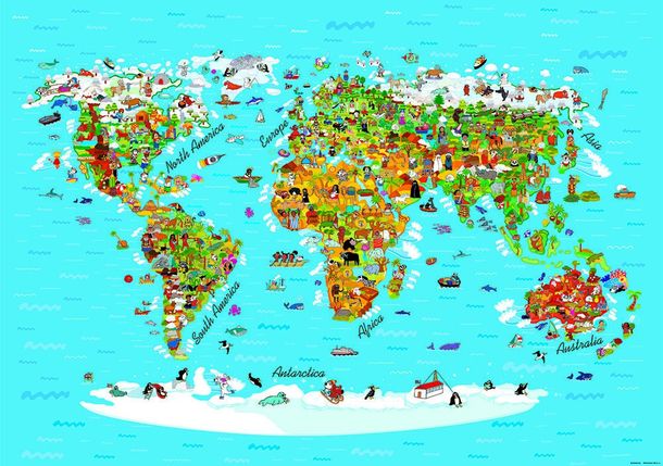 Photo wallpaper XXL kids map of the world animals colorful 360x254 cm FTS 1320