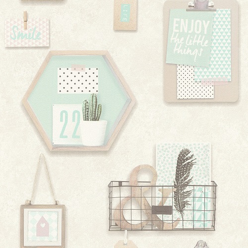 Article picture non-woven wallpaper Rasch Deco Relief lifestyle beige grey turquoise 522051