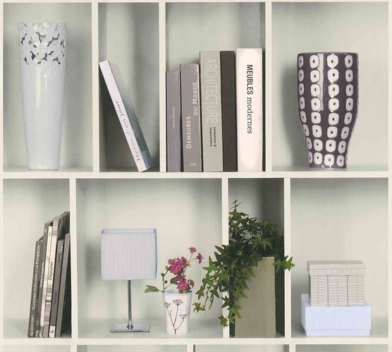 Article picture Non-Woven Wallpaper bookshelf ivy vase white green 36663-1