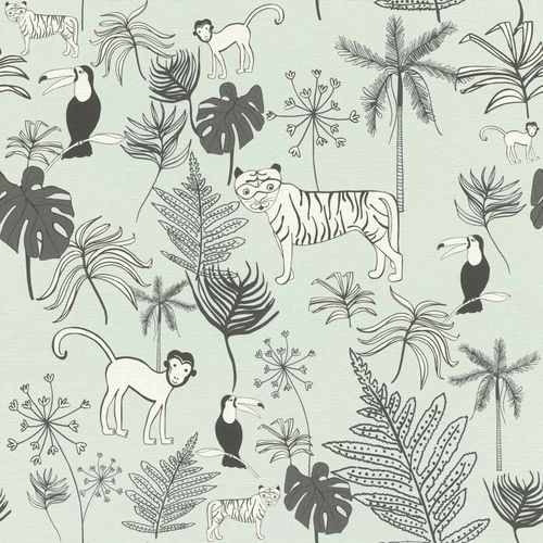 Kids Wallpaper jungle animals blue white Rasch 531800