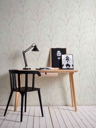 Non-Woven Wallpaper Branches cream white gold metallic