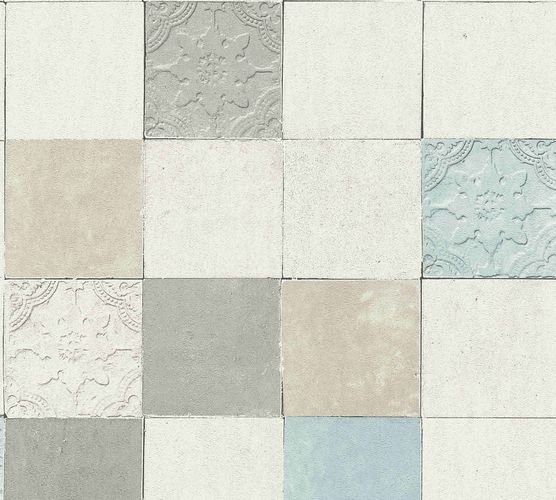 Non-woven wallpaper tiles greywhite beige blue 37406-1