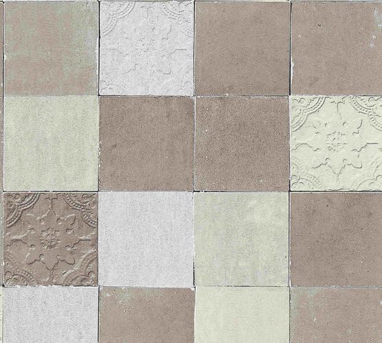 Non-woven wallpaper tiles taupe cream silver 37406-3