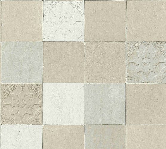 Non-woven wallpaper tiles beige cream silver 37406-4