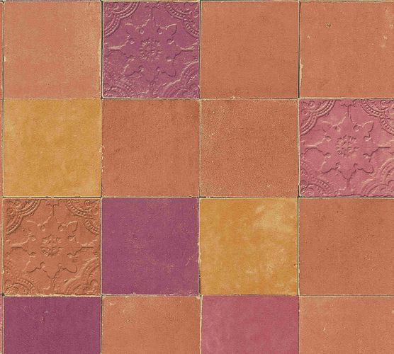 Non-woven wallpaper tiles orange pink 37406-5