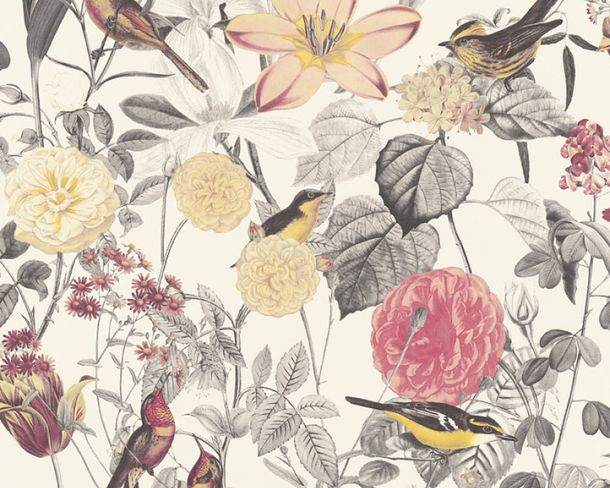 Non-woven wallpaper flowers white yellow grey 37276-1