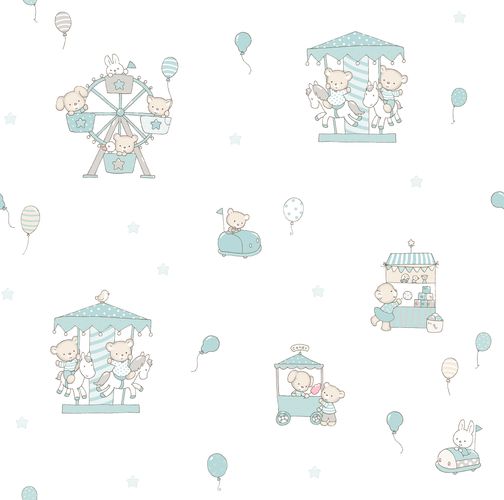 Kids paper wallpaper rabbit bear white light green 102204