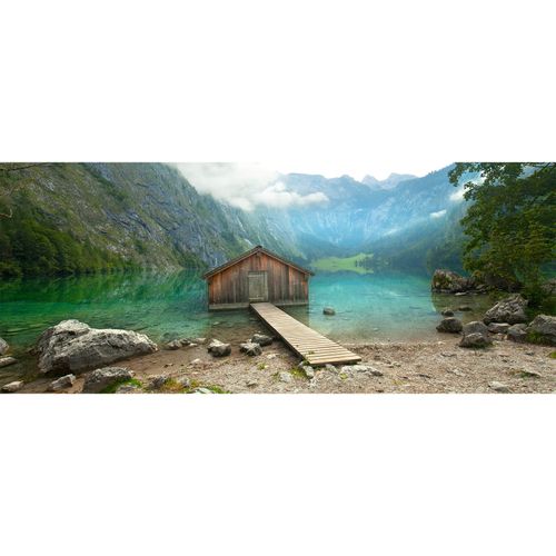 Photo Non-Woven Wallpaper Hut Mountains Lake blue brown