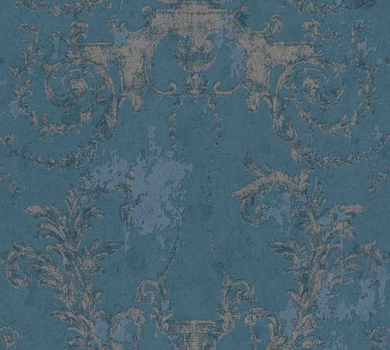 Non-woven wallpaper baroque blue silver 37648-5
