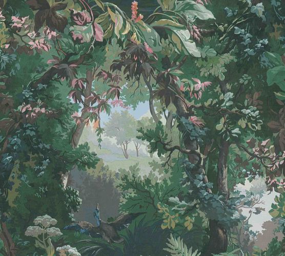 Non-woven wallpaper forest painting green brown rose blue