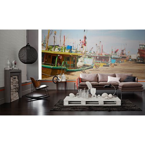 Photo Wallpaper Harbour Boats beige blue DD109205