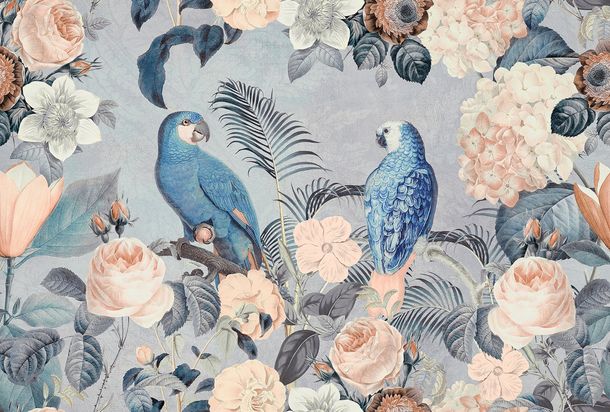 Photo Wallpaper Non-Woven Parrots Flowers blue beige grey