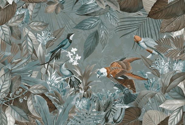 Photo Wallpaper Non-Woven Birds Leaves grey-blue brown