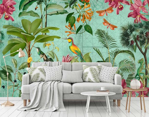 Photo Wallpaper Non-Woven Jungle Birds colourful green