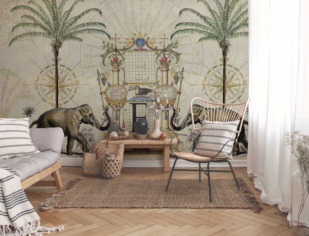 Photo Wallpaper Non-Woven Elephants Orient beige green