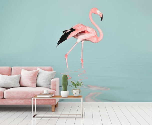 Photo Wallpaper Non-Woven Flamingo Water blue pink