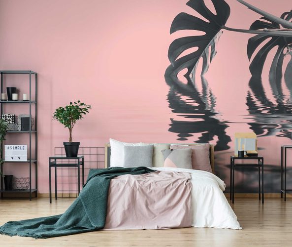Photo Wallpaper Non-Woven Monstera Leave Water pink