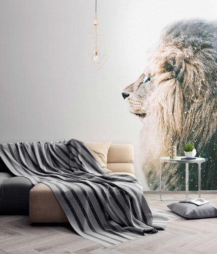 Photo Wallpaper Non-Woven Lion Snow Nature white beige