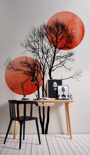 Photo Wallpaper Non-Woven Tree Moon Nature red black