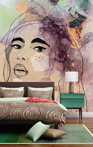Photo Wallpaper Non-Woven Women Face Abstract orange