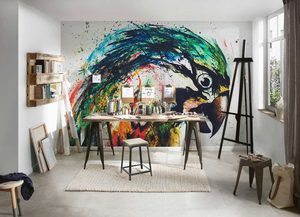Photo Wallpaper Non-Woven Parrots Abstract colourful grey