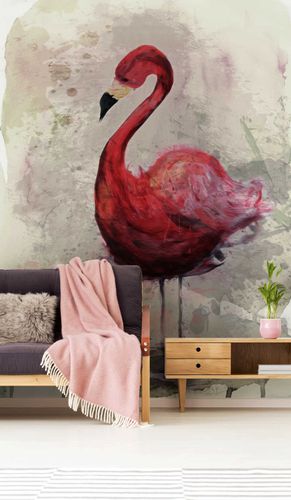Photo Wallpaper Flamingo Watercolour red green