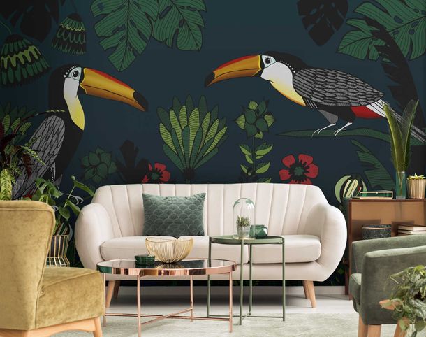 Photo Wallpaper Non-Woven Toucans Jungle Nature blue