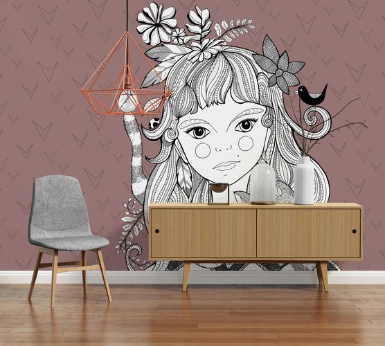 Photo Wallpaper Non-Woven Girl Cat red-brown