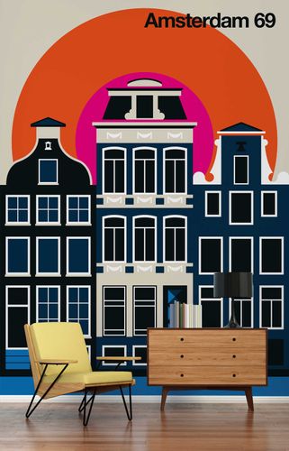 Photo Wallpaper Non-Woven Amsterdam Skyline Retro orange