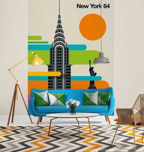 Photo Wallpaper Non-Woven New York Retro colourful beige