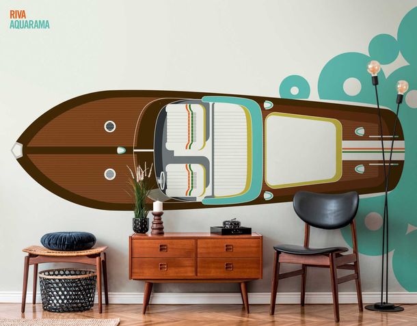 Photo Wallpaper Non-Woven Boat Yacht Retro brown blue