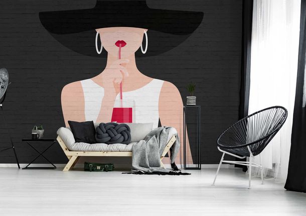 Photo Wallpaper Non-Woven Women Hat Drink black red