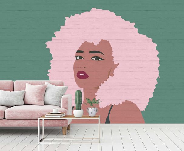 Photo Wallpaper Non-Woven Women Curls Stone green pink