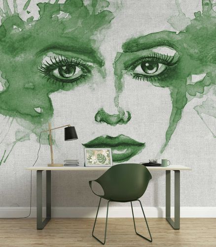 Photo Wallpaper Non-Woven Face Watercolour green grey