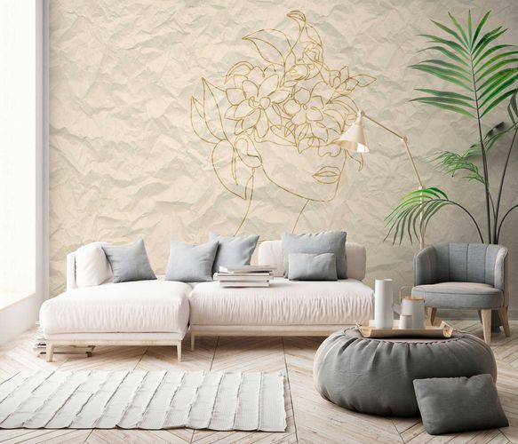 Photo Wallpaper Non-Woven Paper Face Flowers beige