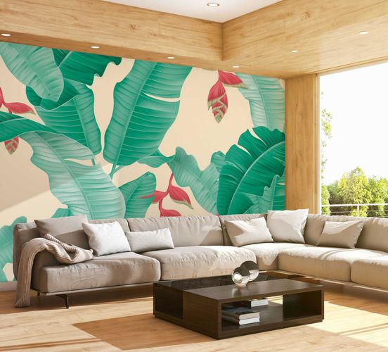 Photo Wallpaper Non-Woven Leaves Heliconias green beige