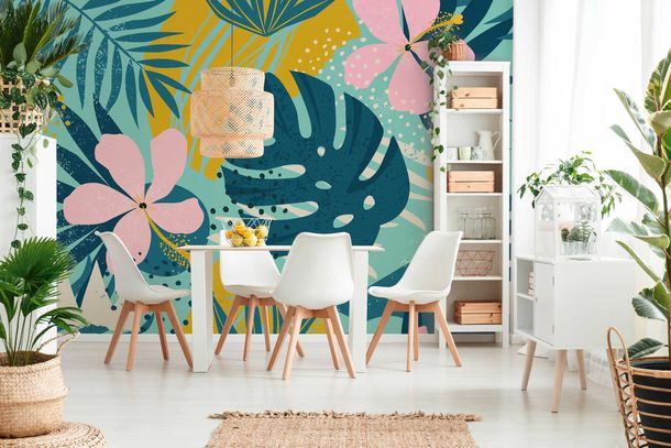 Photo Wallpaper Non-Woven Jungle Plants blue pink