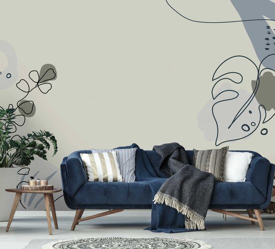 Photo Wallpaper Non-Woven Leaves painted beige blue grey