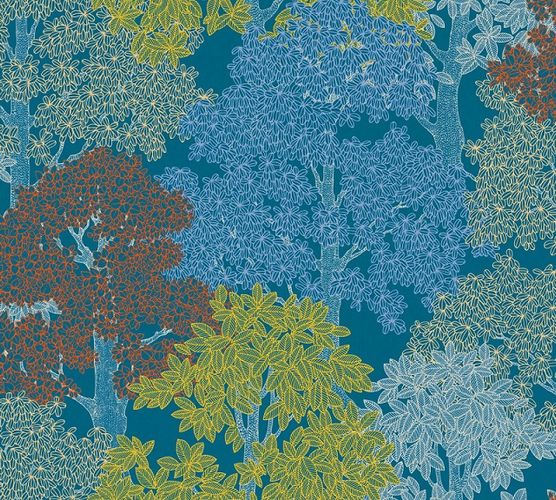 Non-Woven Wallpaper Trees Leaves blue yellow red 37753-1