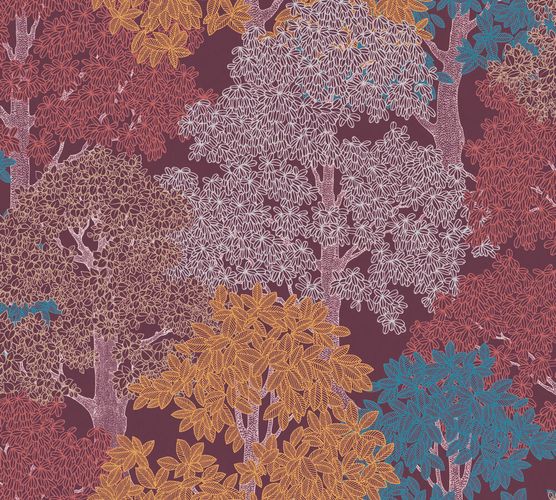 Non-Woven Wallpaper Trees Leaves red yellow blue 37753-3