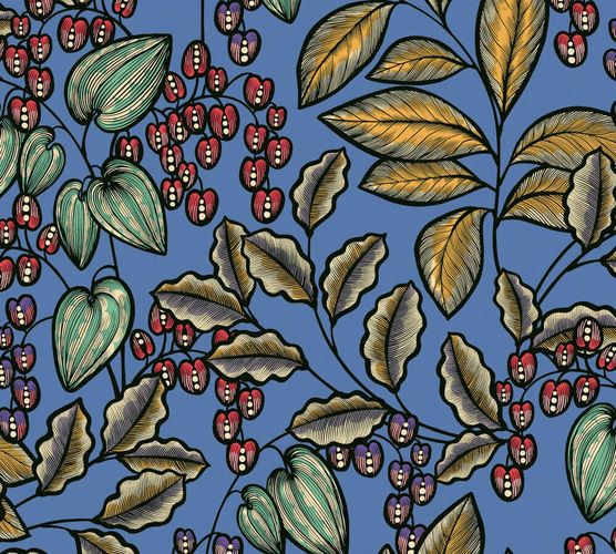 Non-Woven Wallpaper Leaves Fruits blue red 37754-1