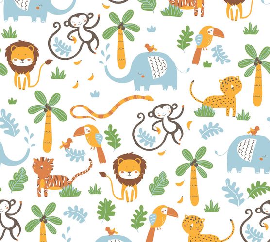 Wallpaper Kids Jungle Animals white colourful 38115-2