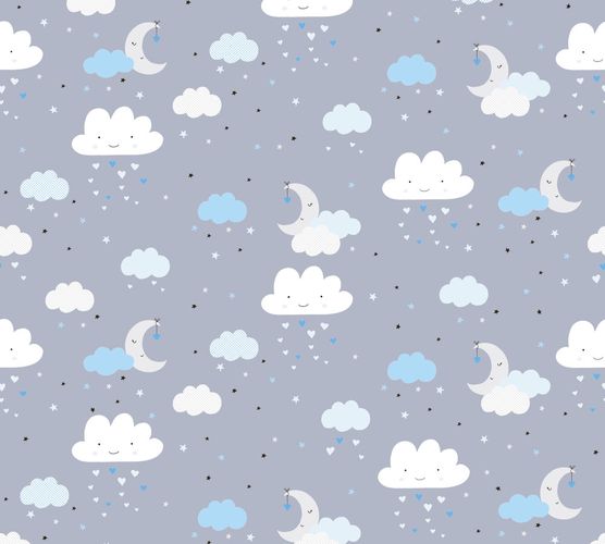 Wallpaper Kids Clouds Moon Stars grey blue 38125-2