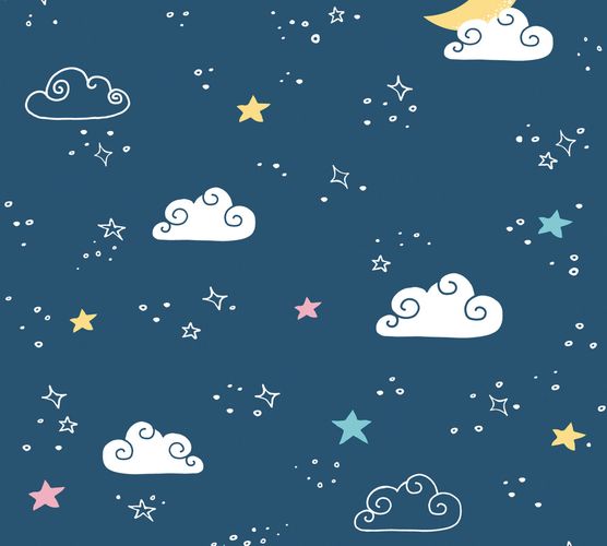 Wallpaper Kids Clouds Stars blue white yellow 38141-1