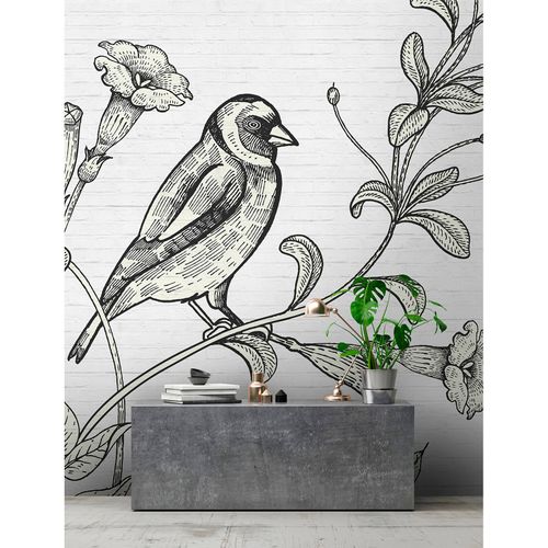 Image Photo Wallpaper Non-Woven Bird Flowers Stone grey