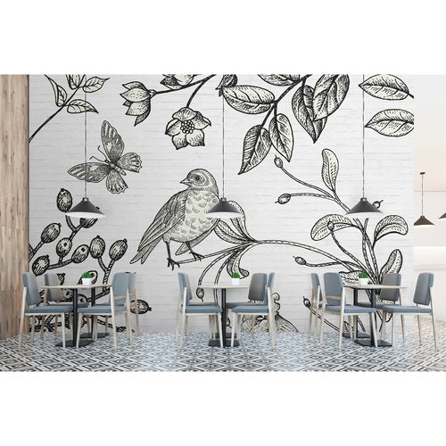 Image Photo Wallpaper Non-Woven Bird Flowers Stone black