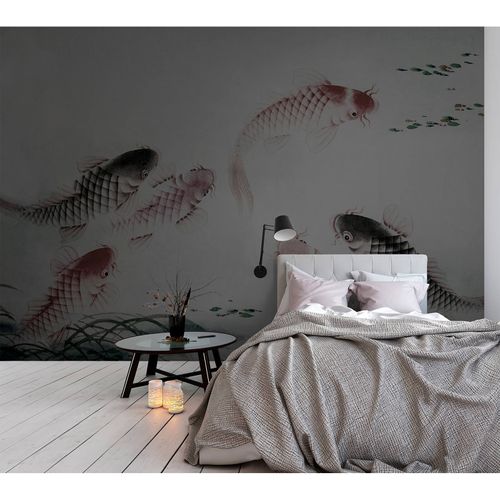 Image Photo Wallpaper Non-Woven Fishes Koi Pond grey green